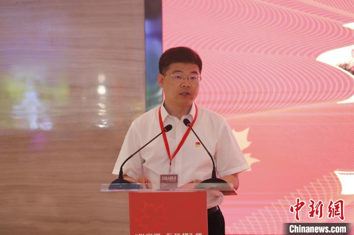 图为兴安盟委宣传部部长秦化真推介兴安盟五角枫景观。　毕力格 摄